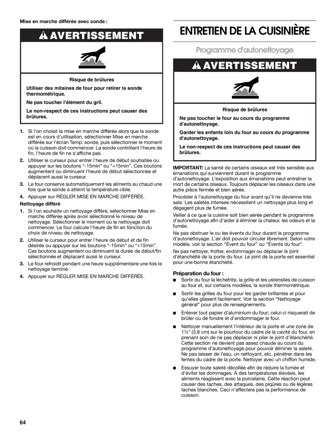 Jenn-Air JDRP436 Programme dautonettoyage, Préparation du four, Mise en marche différée avec sonde, Nettoyage différé 