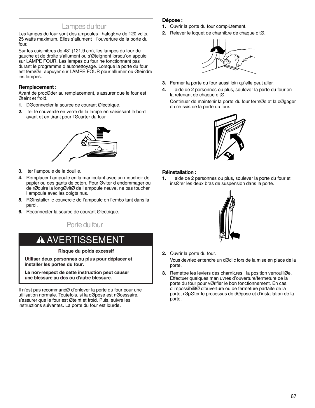 Jenn-Air JDRP548, JDRP436, JDRP536, JDRP430 manual Lampes du four, Porte du four, Remplacement, Dépose, Réinstallation 