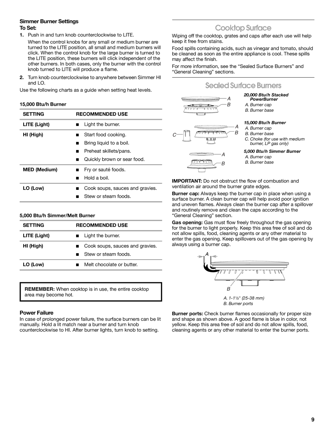 Jenn-Air JDRP536, JDRP436, JDRP430 Cooktop Surface, Sealed Surface Burners, Simmer Burner Settings To Set, Power Failure 