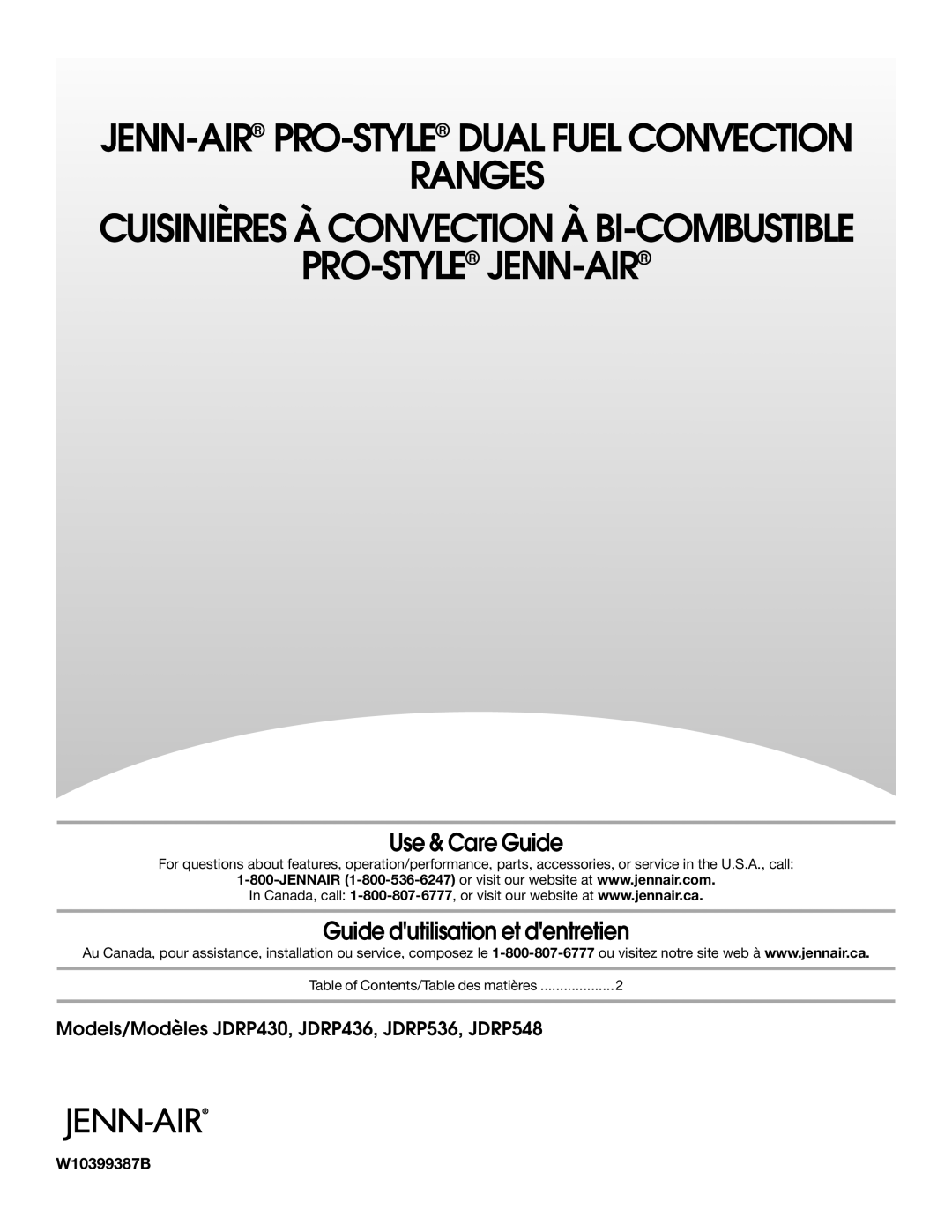 Jenn-Air JDRP536 manual Use & Care Guide, Guide dutilisation et dentretien, Ranges, Pro-Style Jenn-Air, W10399387B 