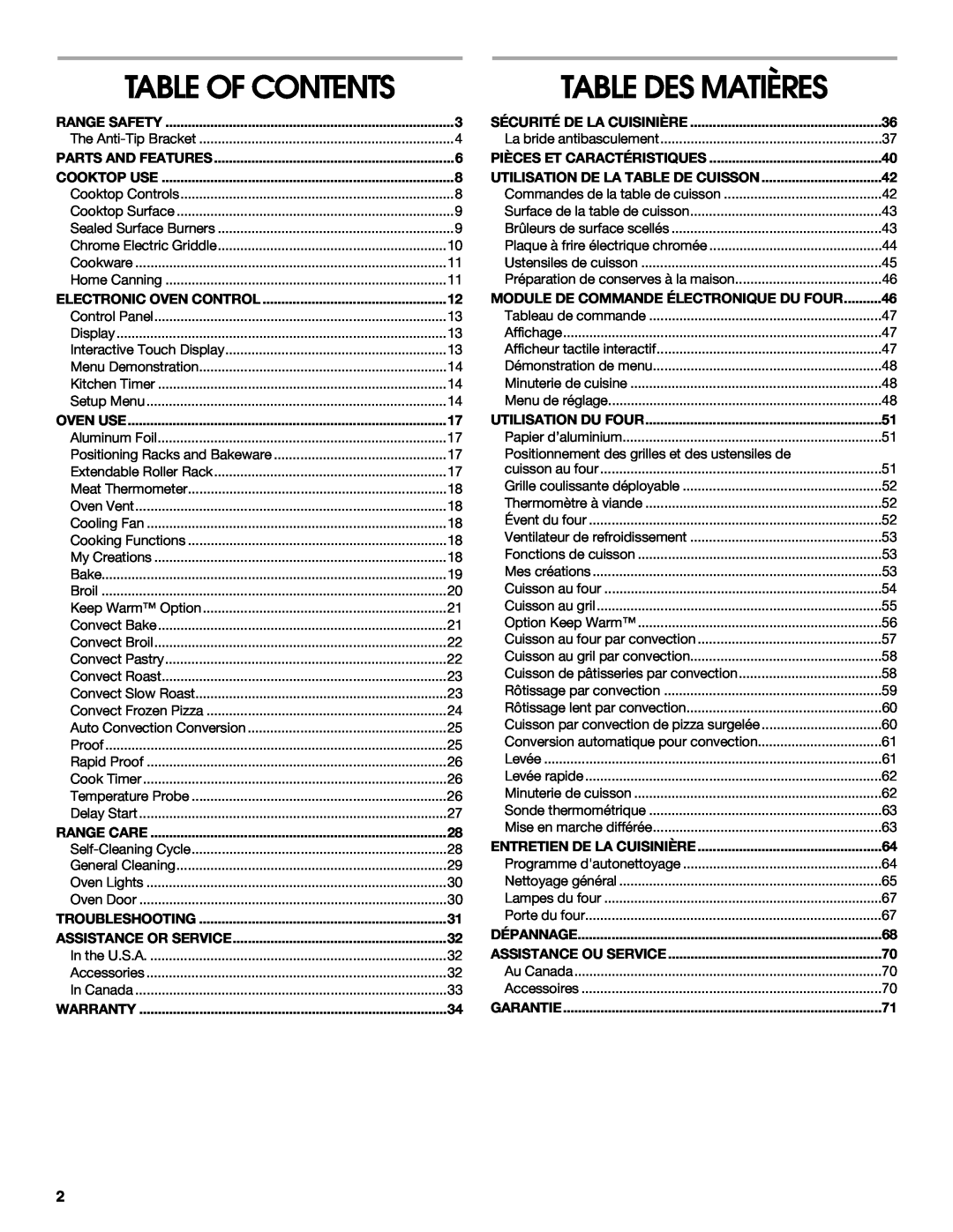 Jenn-Air JDRP430, JDRP436, JDRP536, JDRP548 manual Table Des Matières, Table Of Contents 