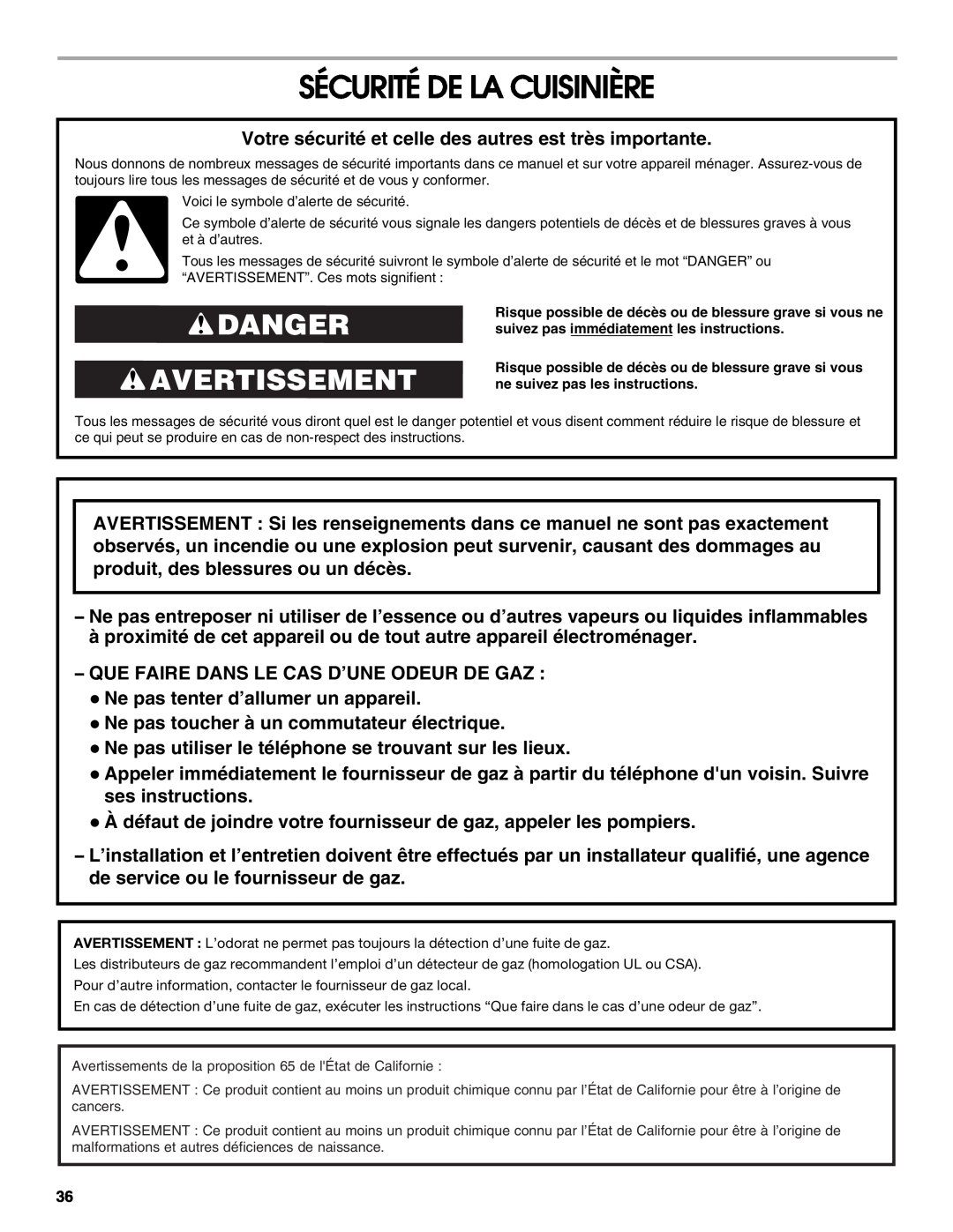 Jenn-Air JDRP436, JDRP536, JDRP430, JDRP548 manual Sécurité De La Cuisinière, Danger Avertissement 