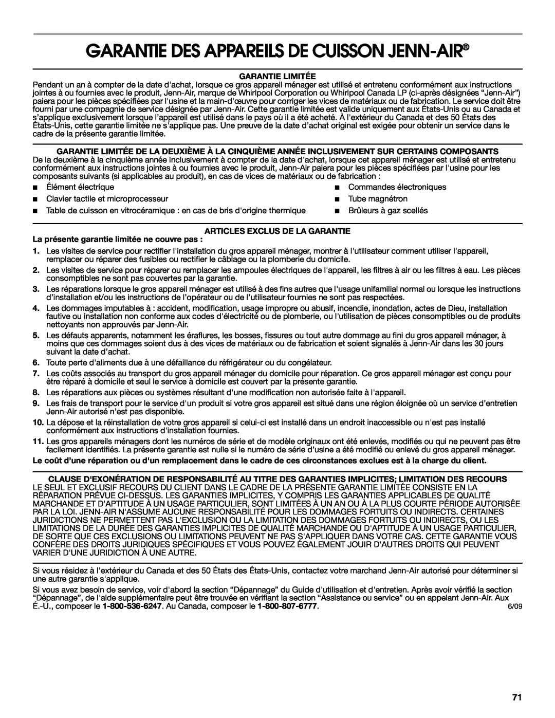 Jenn-Air JDRP548, JDRP436 Garantie Des Appareils De Cuisson Jenn-Air, Garantie Limitée, Articles Exclus De La Garantie 