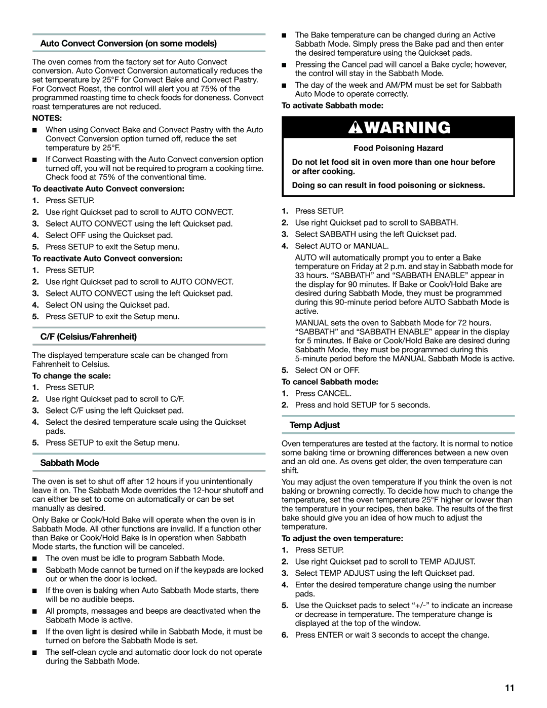 Jenn-Air JDS8850, JDS8860 manual Auto Convect Conversion on some models, Celsius/Fahrenheit, Sabbath Mode, Temp Adjust 