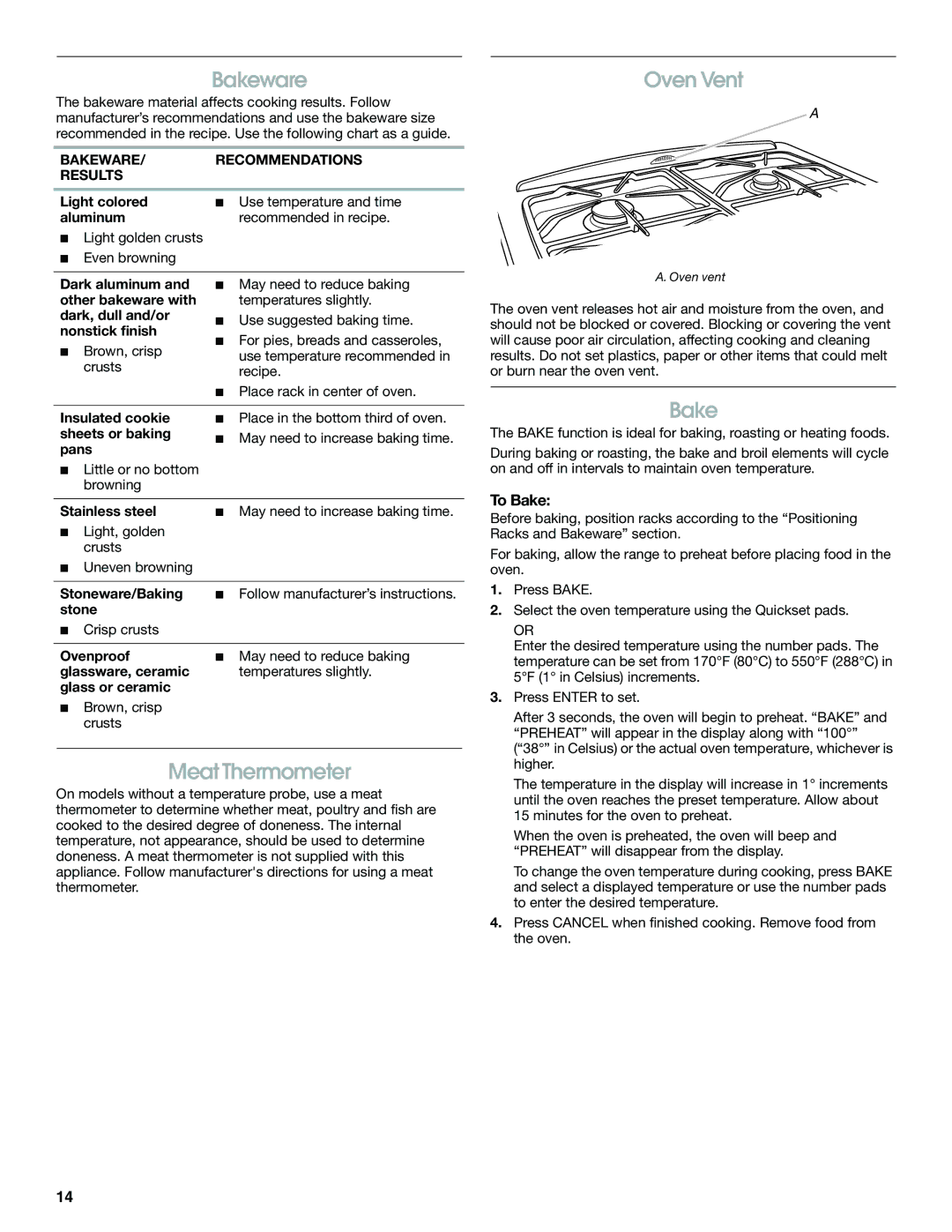 Jenn-Air JDS8860, JDS8850 manual Bakeware, Meat Thermometer, Oven Vent, To Bake 