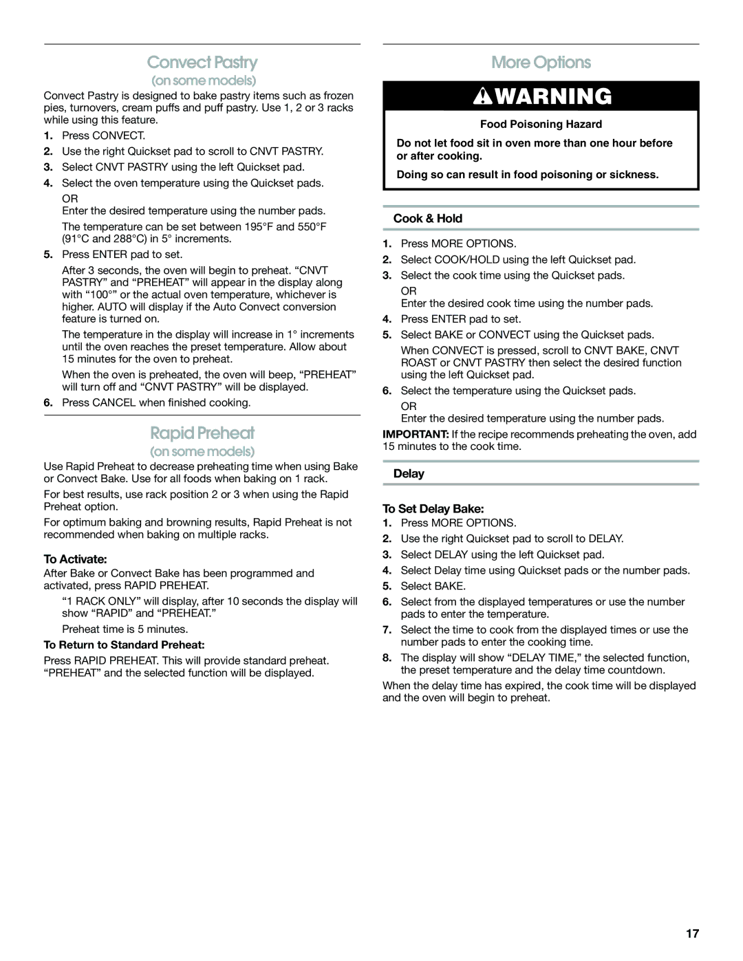 Jenn-Air JDS8850, JDS8860 manual Convect Pastry, Rapid Preheat, More Options 