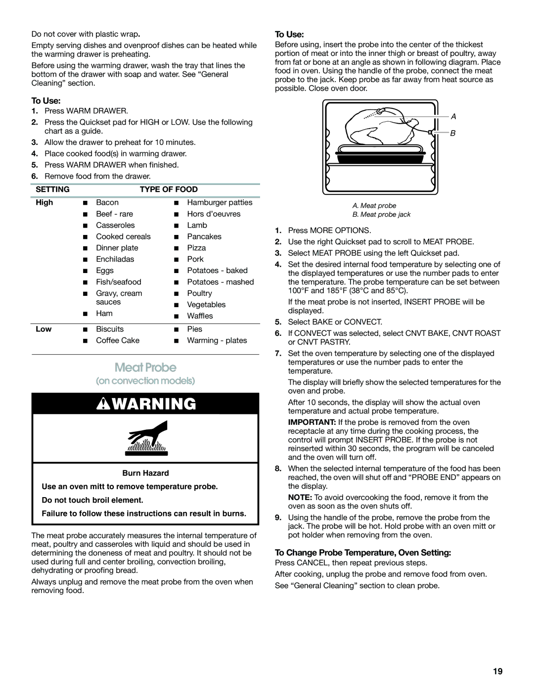 Jenn-Air JDS8850, JDS8860 manual Meat Probe, To Change Probe Temperature, Oven Setting, Setting Type of Food, High 