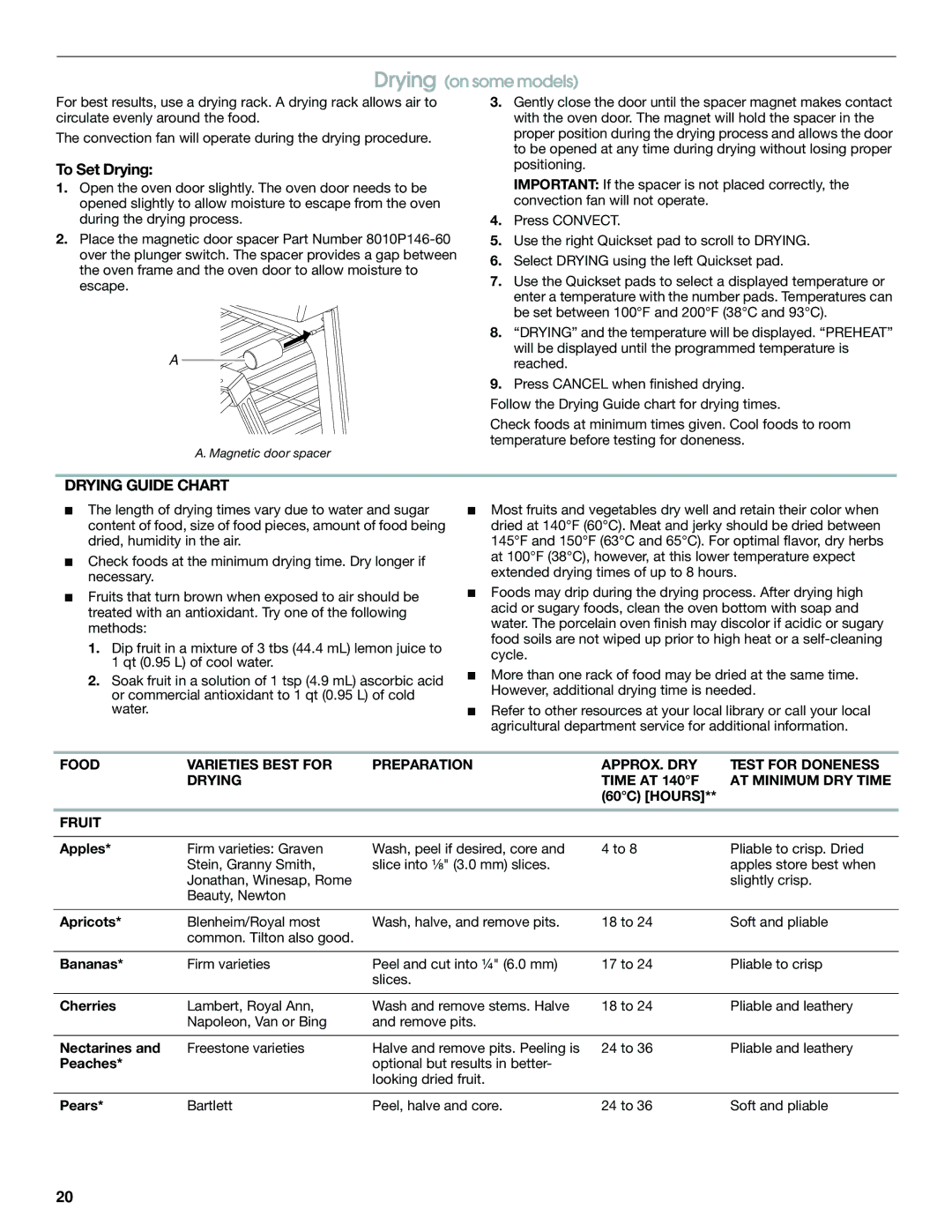 Jenn-Air JDS8860, JDS8850 manual To Set Drying, Drying Guide Chart, Fruit 