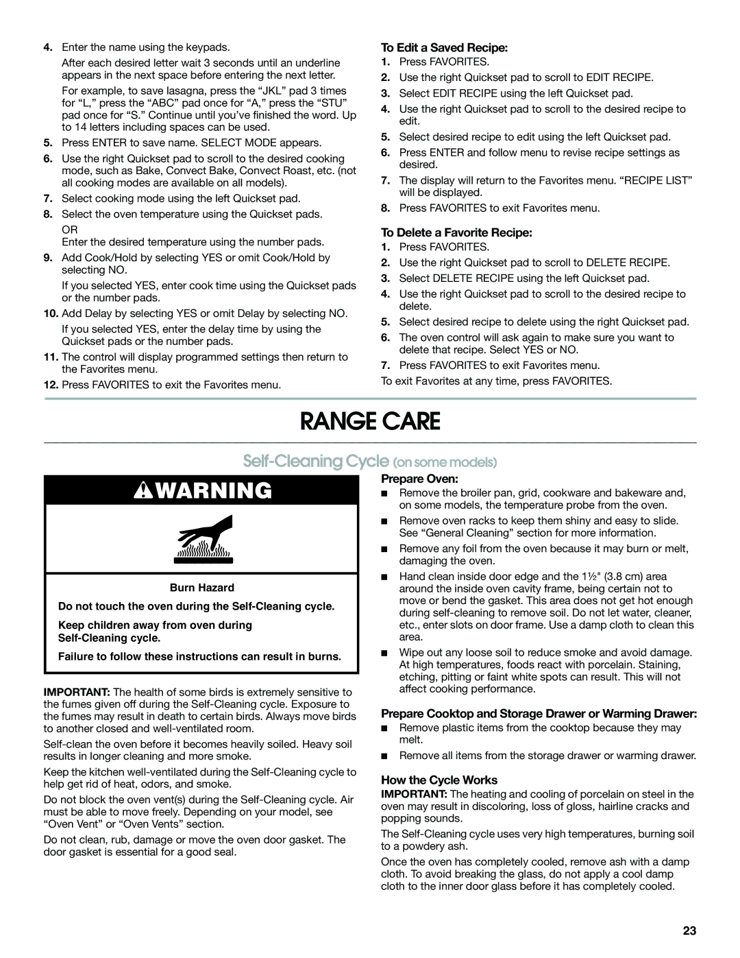 Jenn-Air JDS8850, JDS8860 manual Range Care, Self-Cleaning Cycle on some models 
