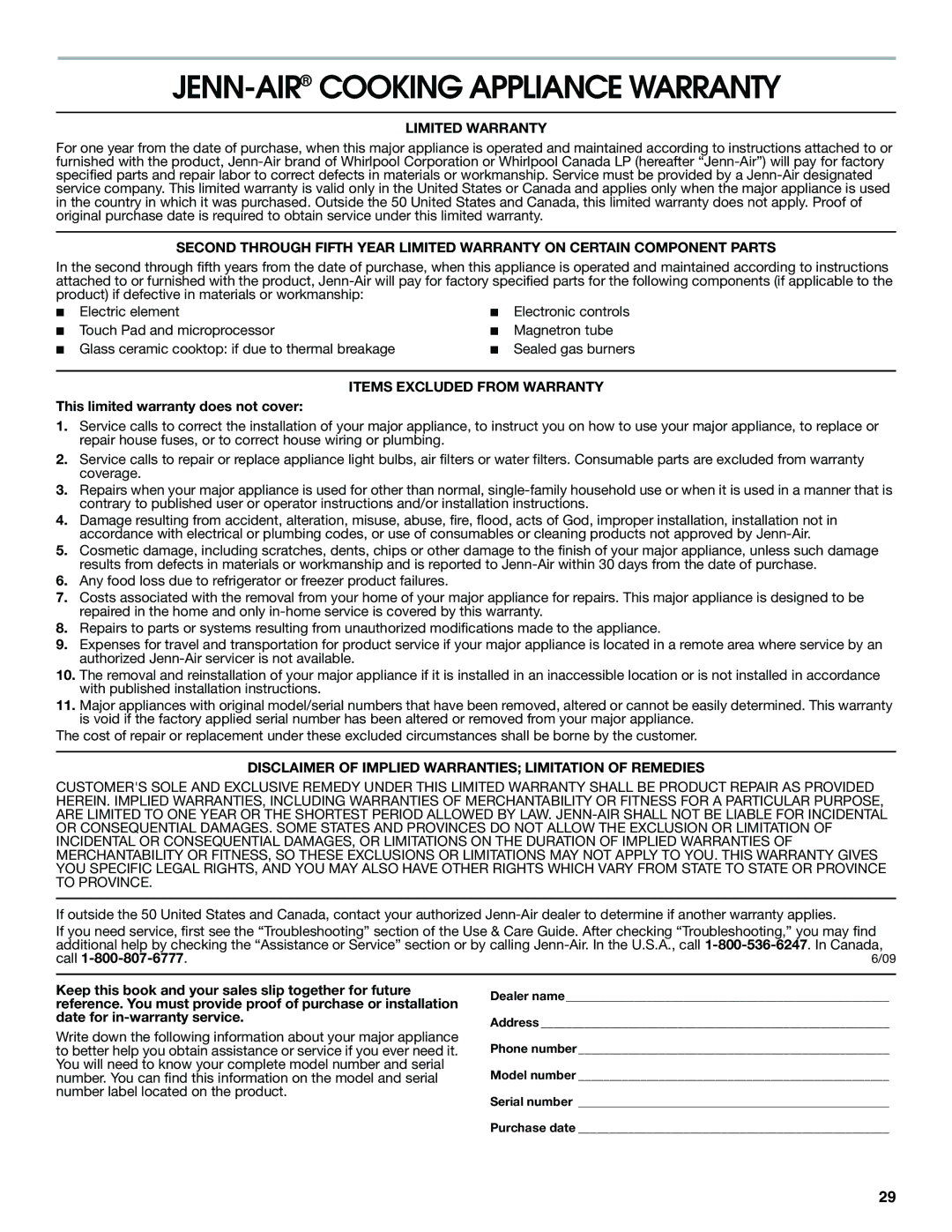 Jenn-Air JDS8850, JDS8860 manual JENN-AIRCOOKING Appliance Warranty, Limited Warranty, Items Excluded from Warranty 