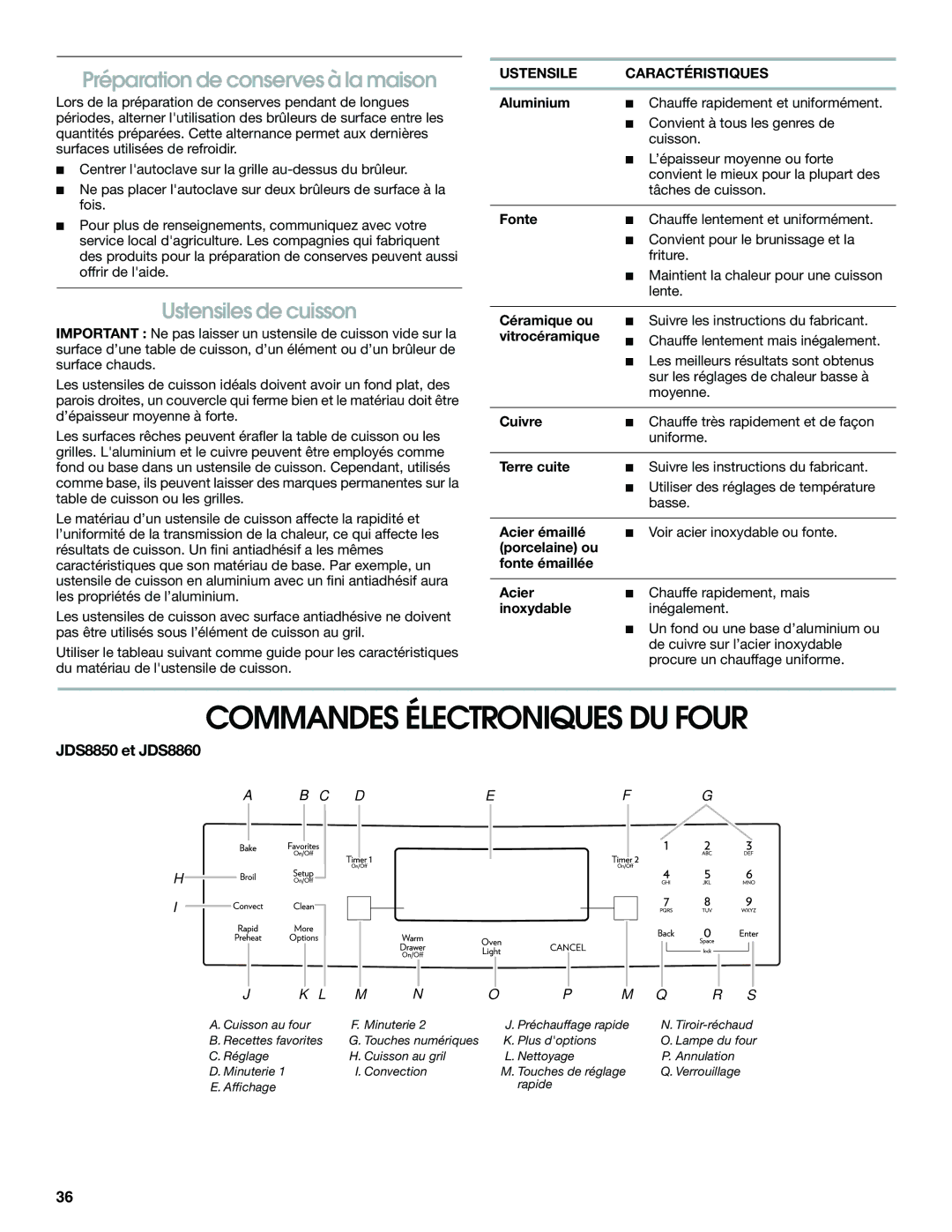 Jenn-Air JDS8860, JDS8850 Commandes Électroniques DU Four, Préparation de conserves à la maison, Ustensiles de cuisson 