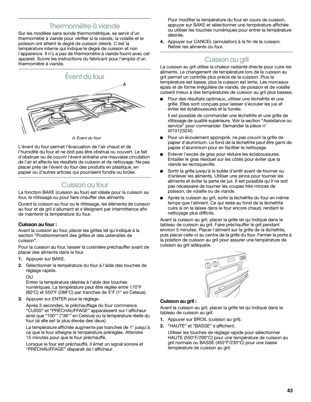 Jenn-Air JDS8850, JDS8860 manual Thermomètre à viande, Évent du four, Cuisson au four, Cuisson au gril 