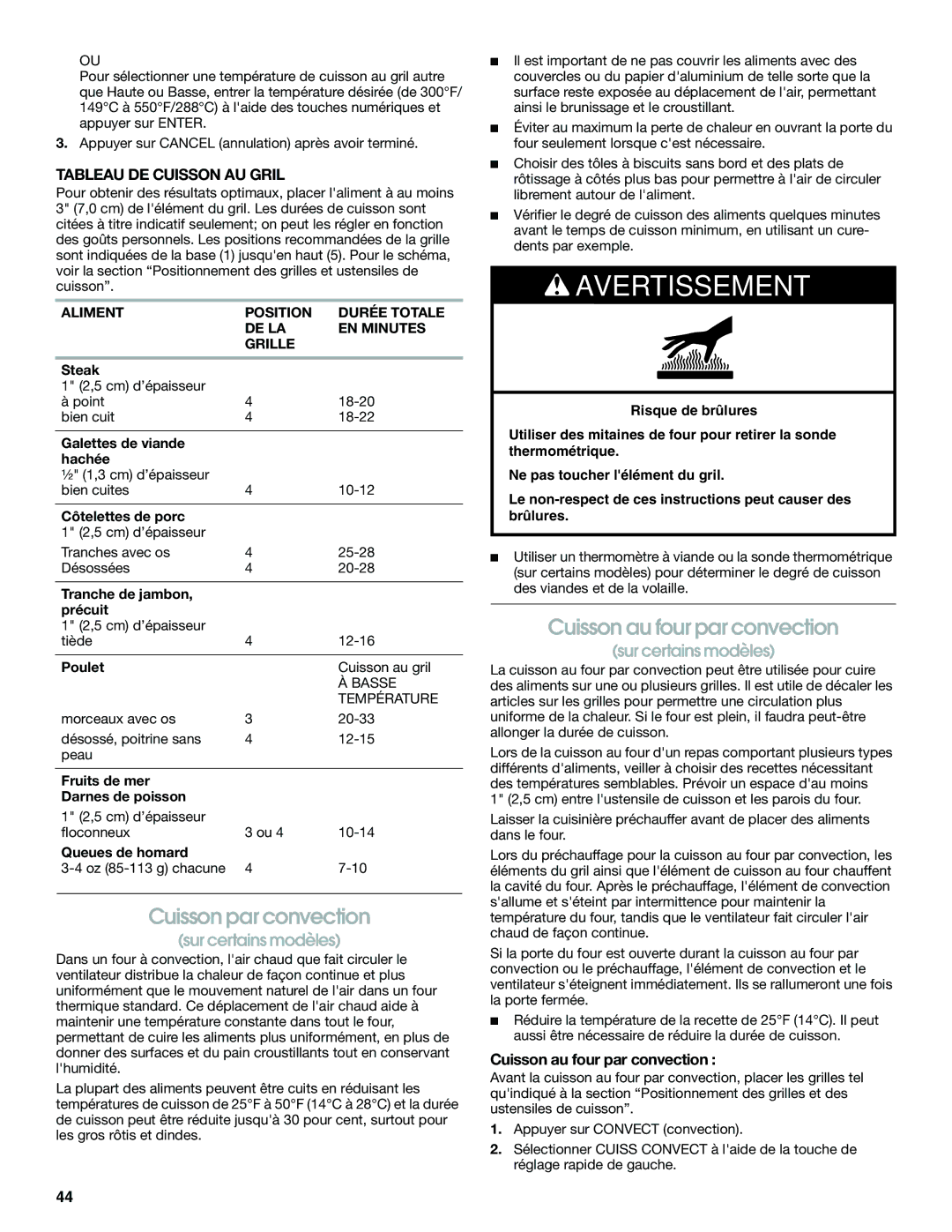 Jenn-Air JDS8860, JDS8850 manual Cuisson par convection, Cuisson au four par convection, Tableau DE Cuisson AU Gril 