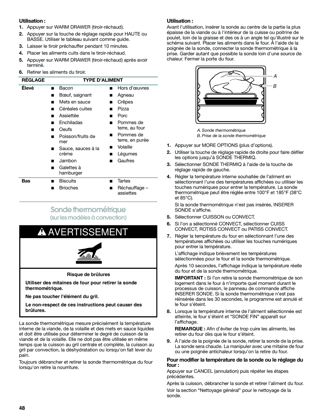 Jenn-Air JDS8860, JDS8850 manual Sonde thermométrique, Réglage Type D’ALIMENT, Élevé, Bas 