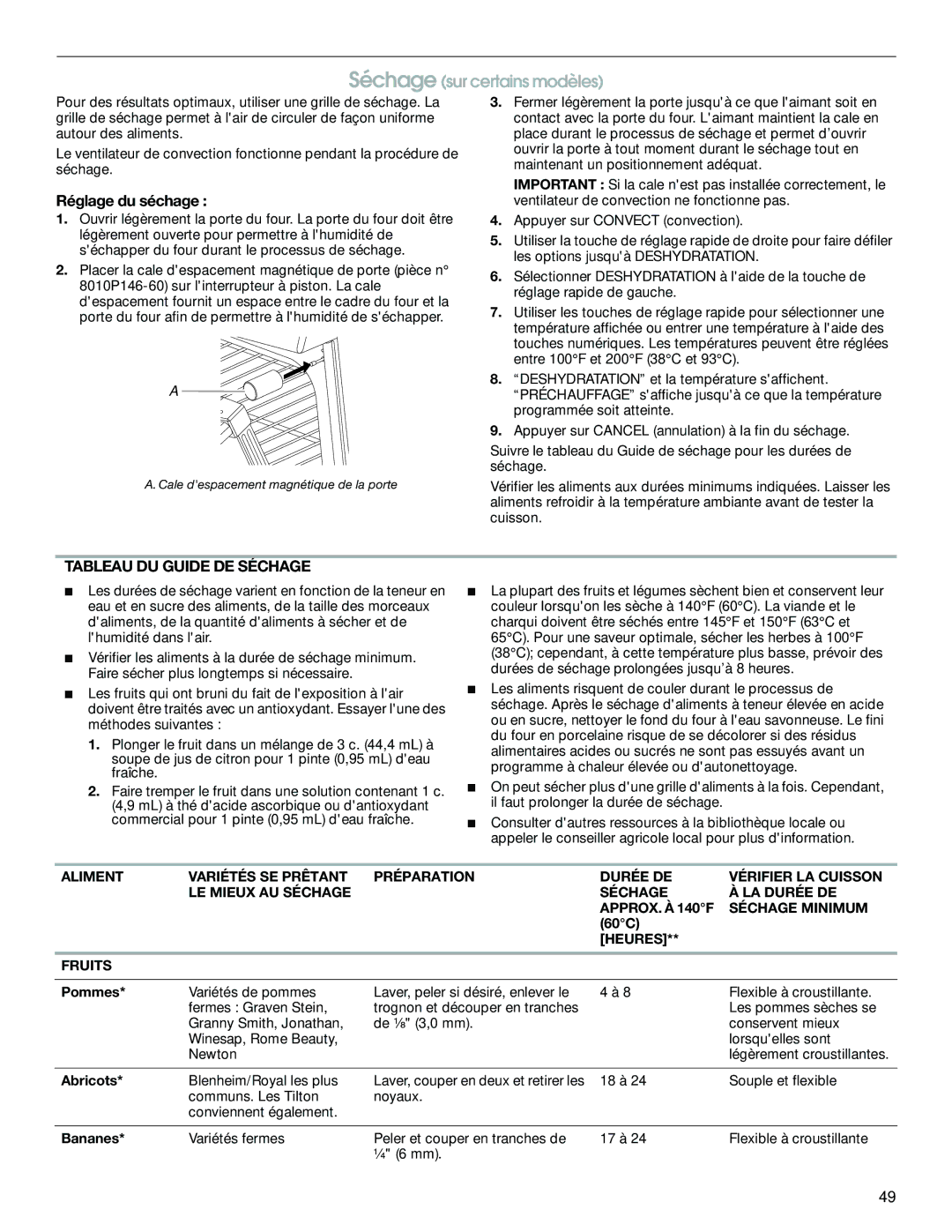 Jenn-Air JDS8850, JDS8860 manual Réglage du séchage, Tableau DU Guide DE Séchage, Heures Fruits 