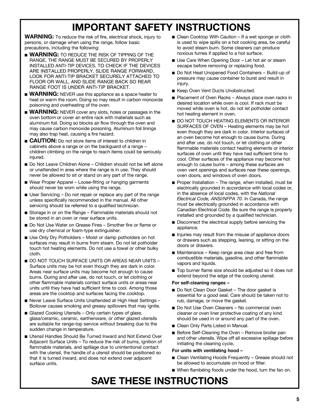 Jenn-Air JDS8850, JDS8860 manual For self-cleaning ranges, For units with ventilating hood 