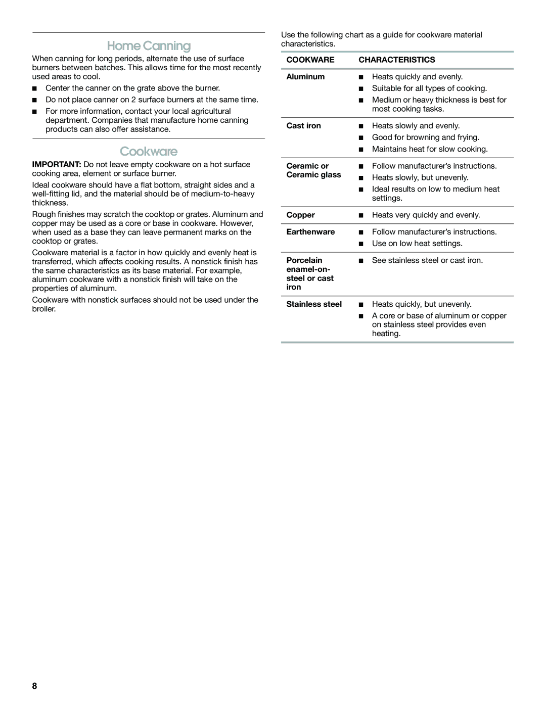 Jenn-Air JDS8860, JDS8850 manual Home Canning, Cookware Characteristics 