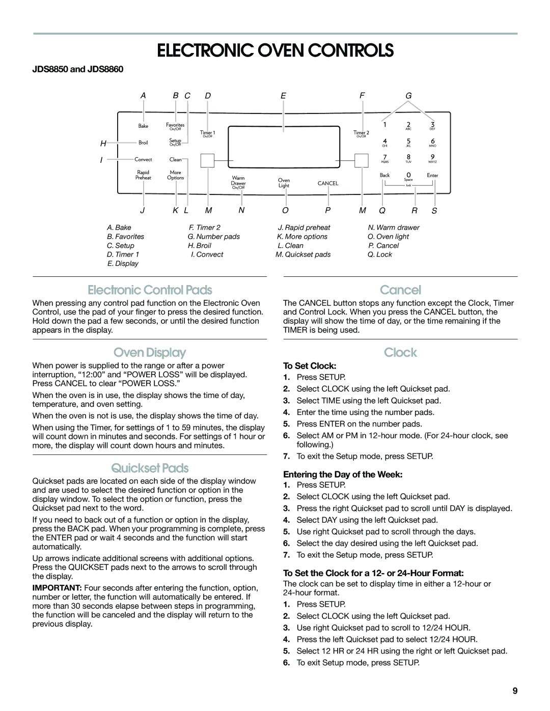 Jenn-Air JDS8850, JDS8860 manual Electronic Oven Controls, Oven Display, Quickset Pads, Clock 