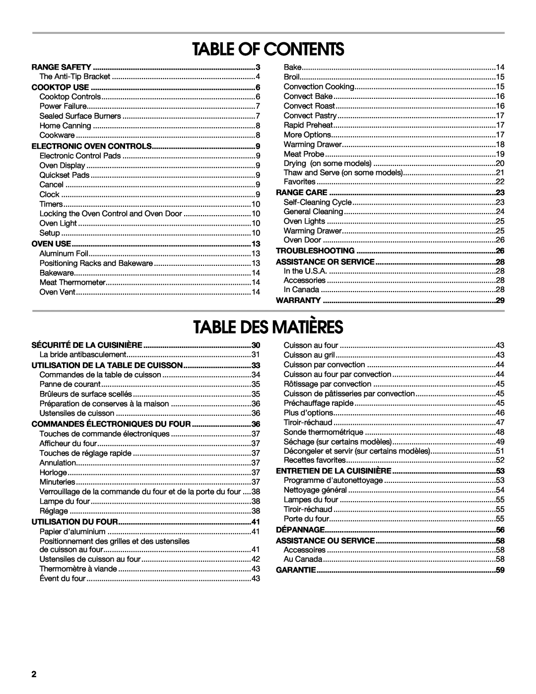 Jenn-Air JDS8860, JDS8850 manual Table Of Contents, Table Des Matières 