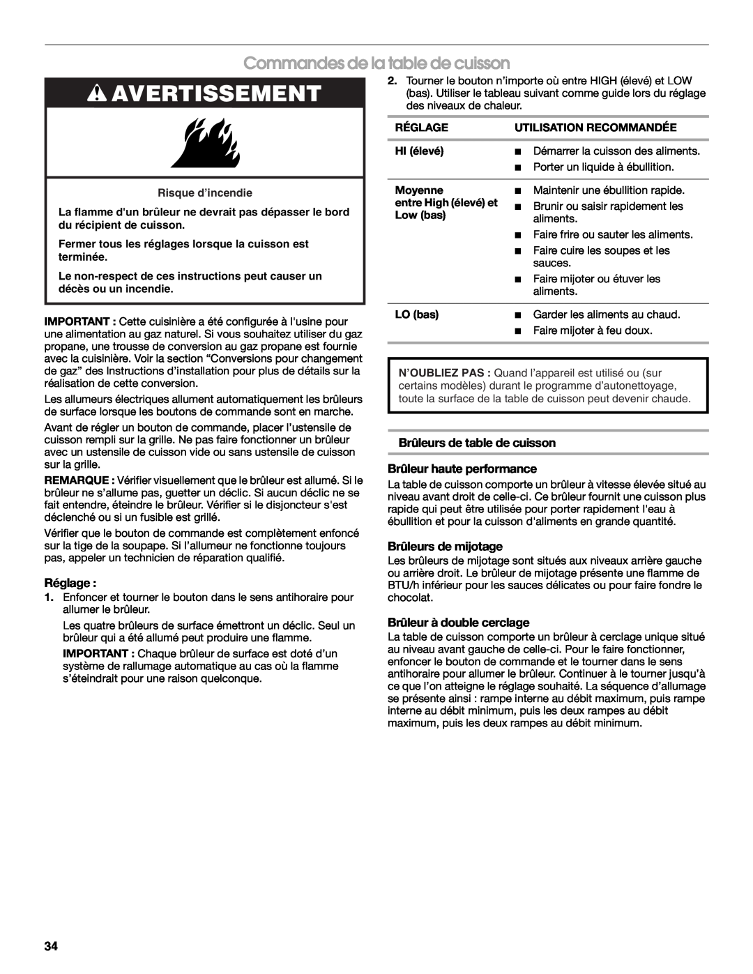 Jenn-Air JDS8860, JDS8850 manual Commandes de la table de cuisson, Avertissement, Réglage, Brûleurs de table de cuisson 
