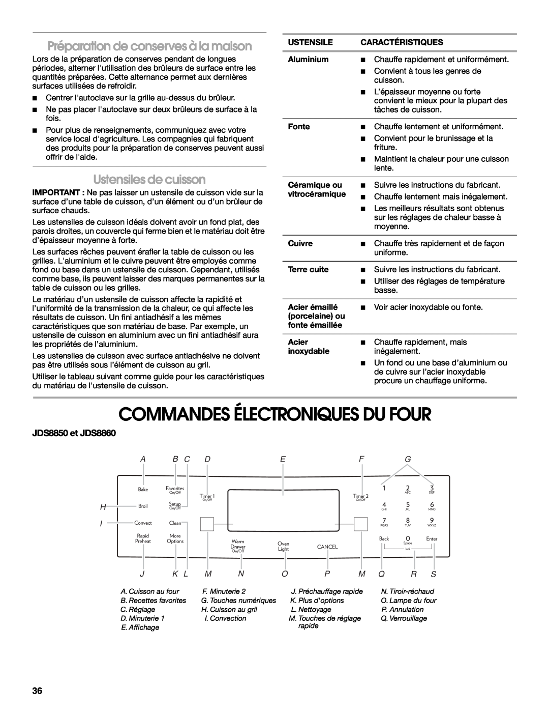 Jenn-Air JDS8860 manual Commandes Électroniques Du Four, Préparation de conserves à la maison, Ustensiles de cuisson, K L M 
