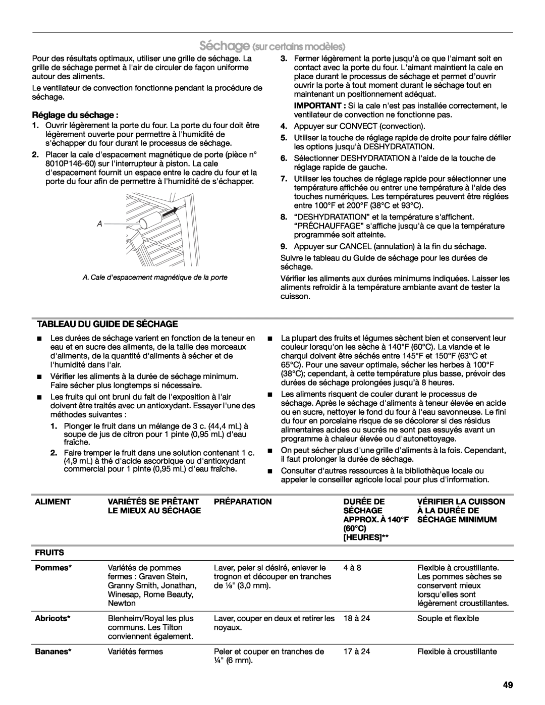 Jenn-Air JDS8850, JDS8860 manual Séchage sur certains modèles, Réglage du séchage, Tableau Du Guide De Séchage 