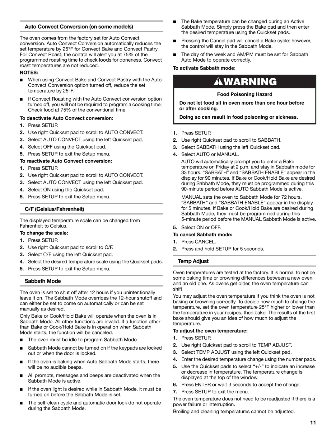 Jenn-Air JDS8860 manual Auto Convect Conversion on some models, Celsius/Fahrenheit, Sabbath Mode, Temp Adjust 
