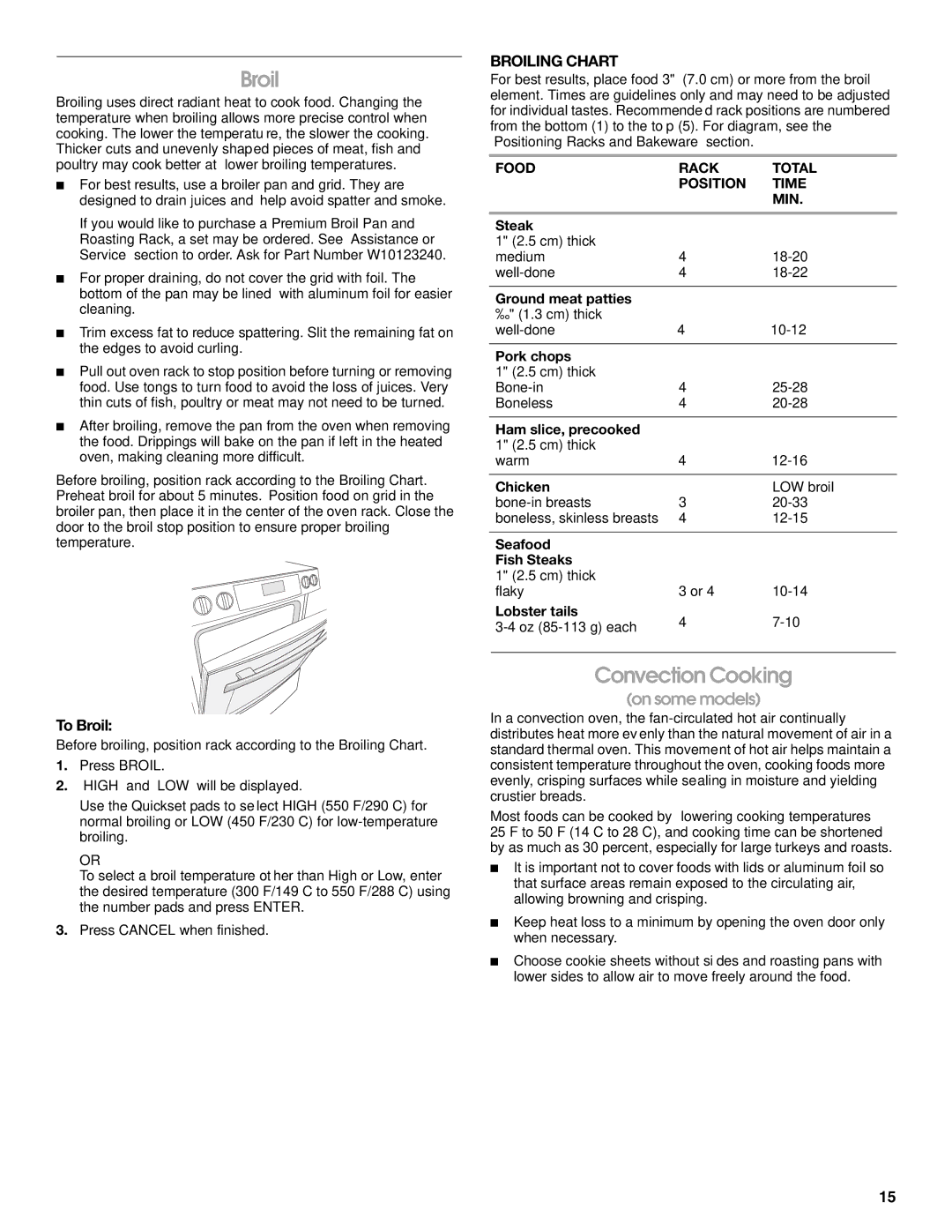 Jenn-Air JDS8860 manual Convection Cooking, On some models, To Broil, Broiling Chart 