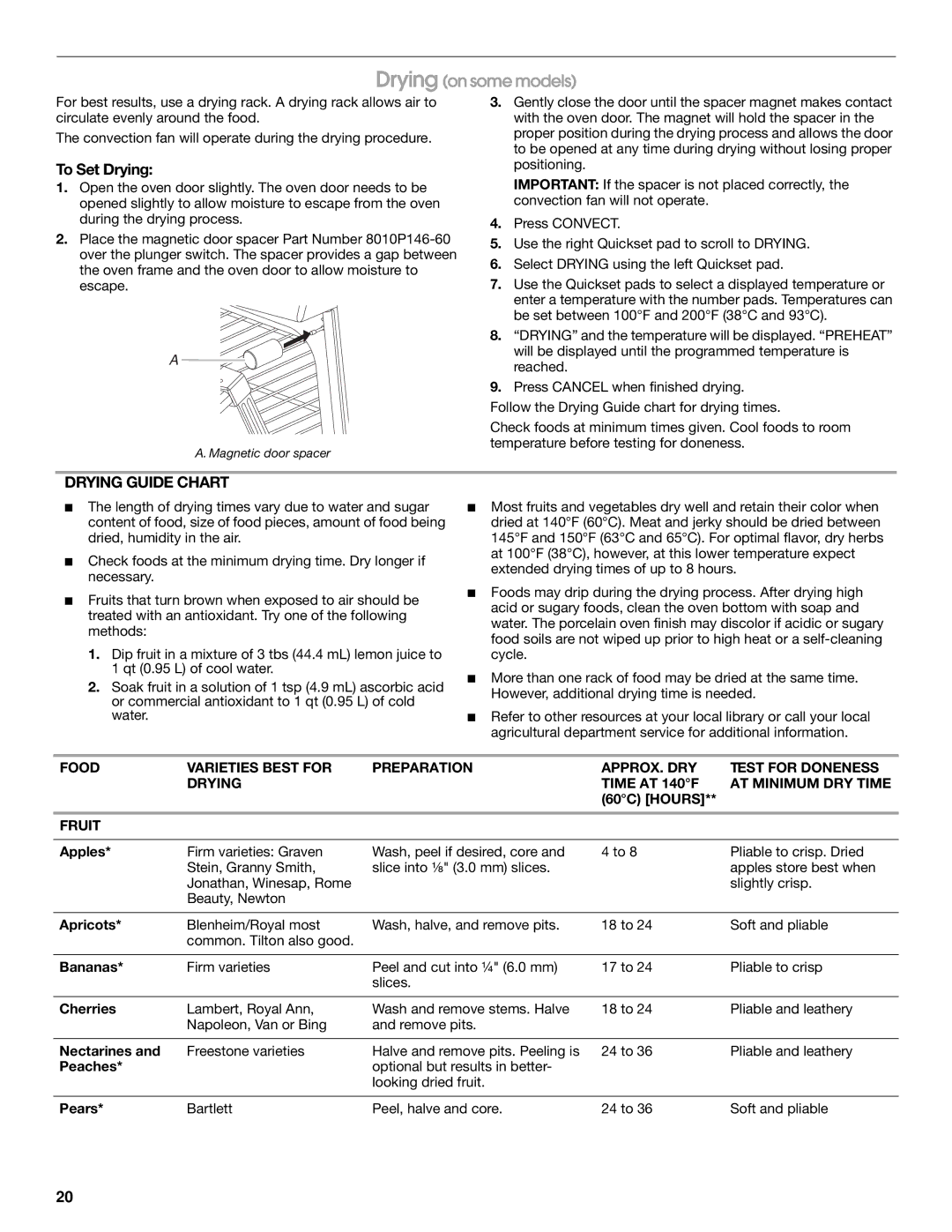 Jenn-Air JDS8860 manual Drying on some models, To Set Drying, Drying Guide Chart, Fruit 