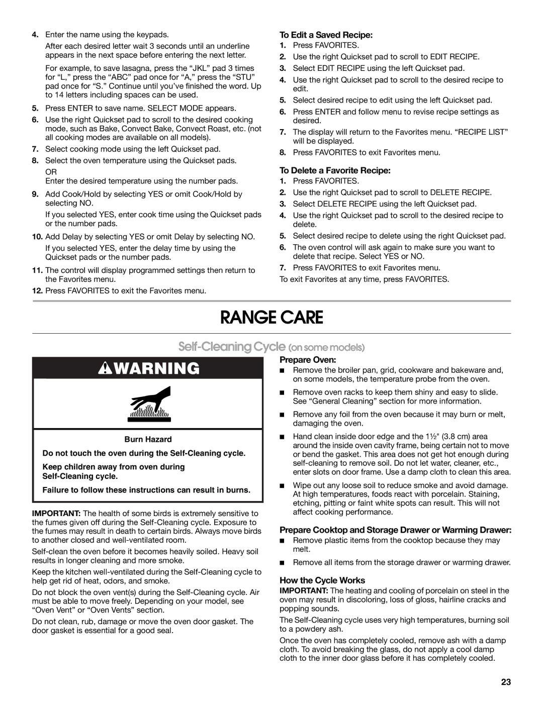 Jenn-Air JDS8860 manual Range Care, Self-Cleaning Cycle on some models 