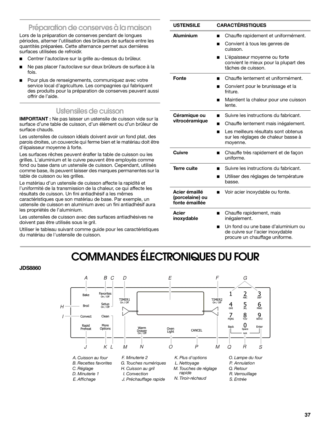 Jenn-Air JDS8860 manual Commandes Électroniques DU Four, Préparation de conserves à la maison, Ustensiles de cuisson 