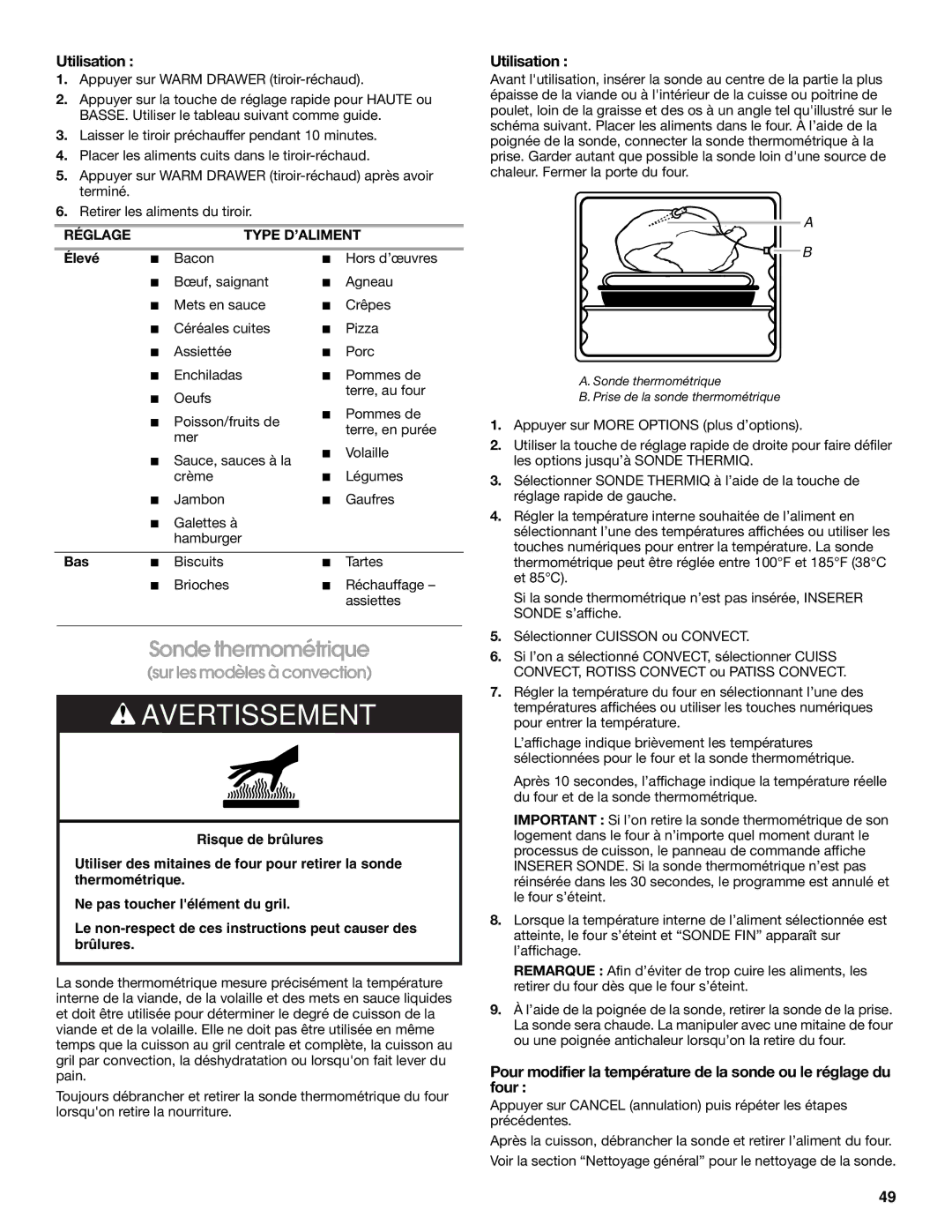 Jenn-Air JDS8860 manual Sonde thermométrique, Sur les modèles à convection, Réglage Type D’ALIMENT, Élevé, Bas 