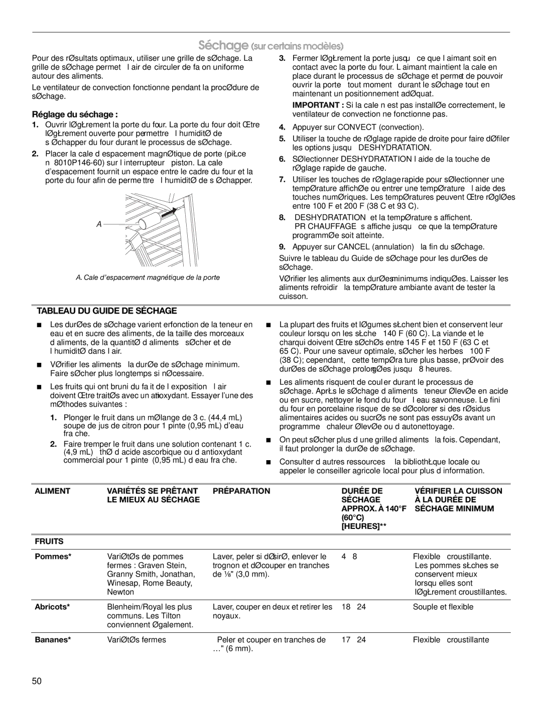 Jenn-Air JDS8860 manual Séchage sur certains modèles, Réglage du séchage, Tableau DU Guide DE Séchage, Heures Fruits 