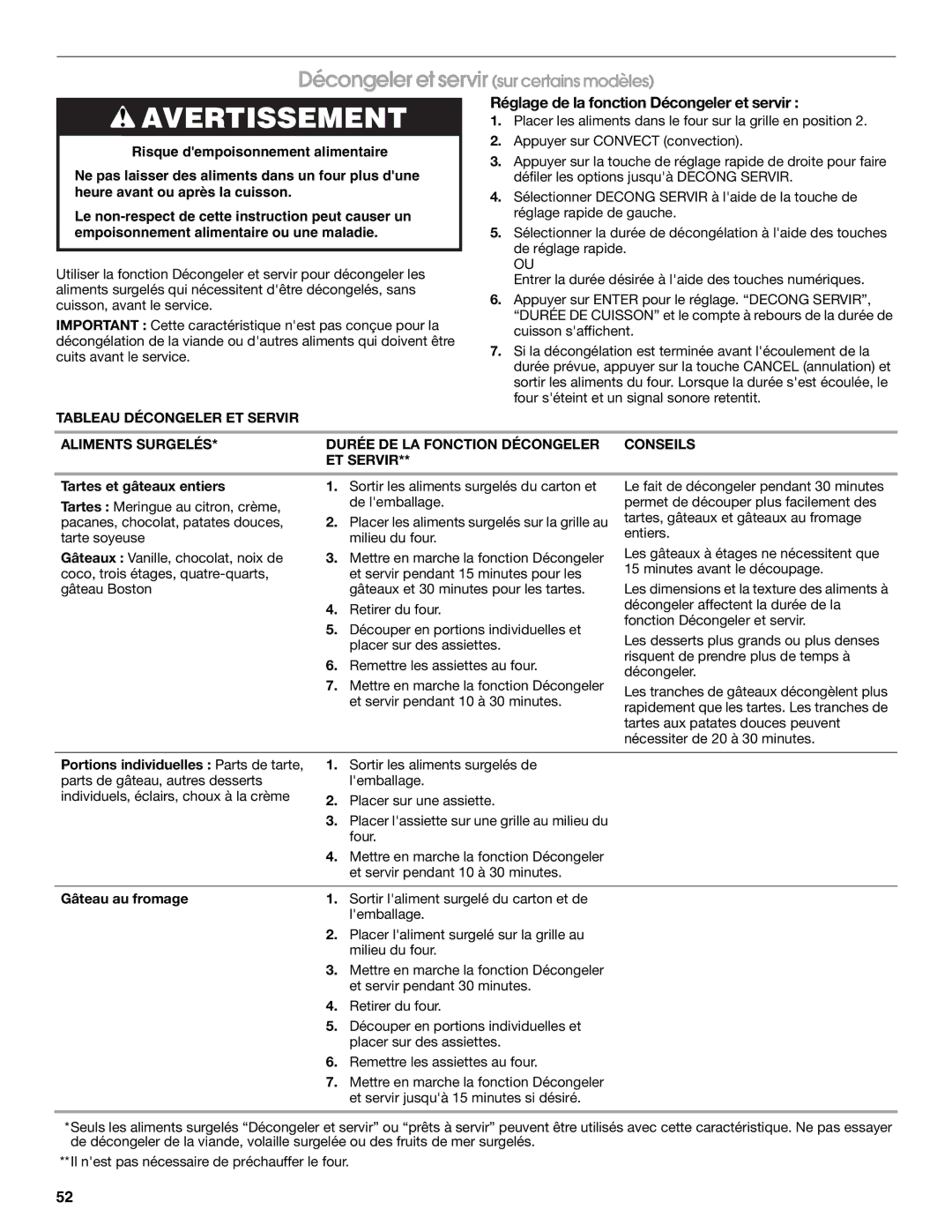 Jenn-Air JDS8860 manual Décongeler et servir sur certains modèles, Réglage de la fonction Décongeler et servir 