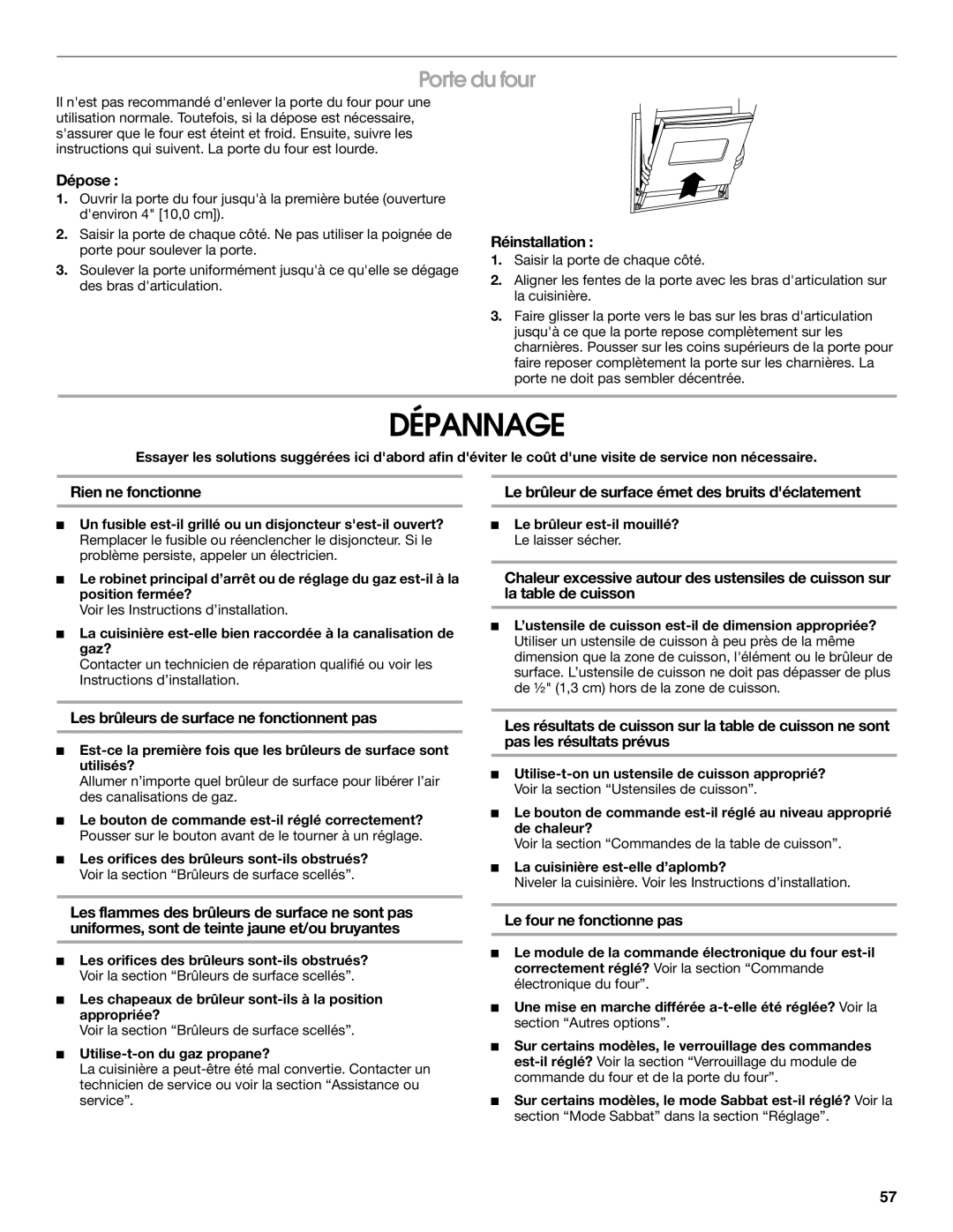 Jenn-Air JDS8860 manual Dépannage, Porte du four 