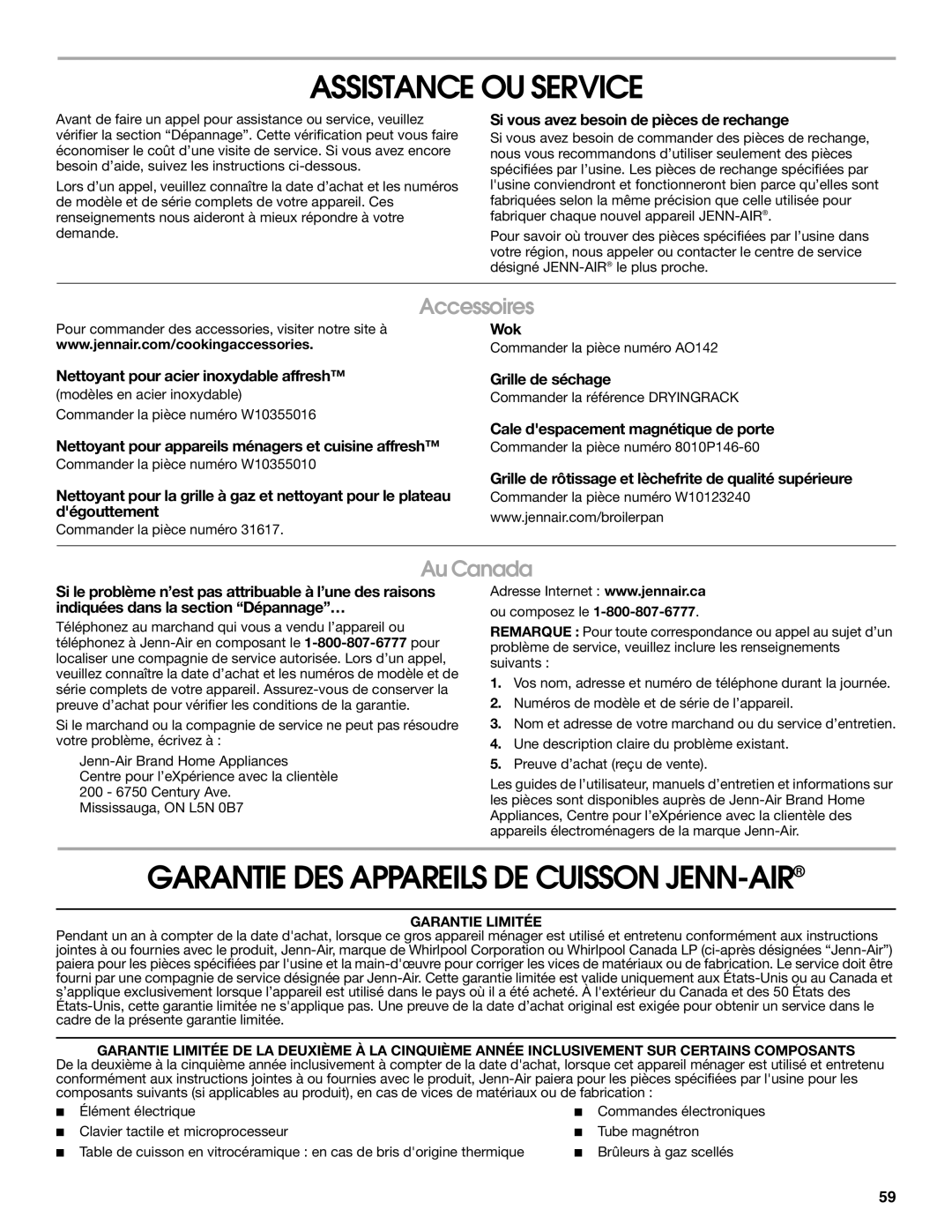 Jenn-Air JDS8860 manual Assistance OU Service, Garantie DES Appareils DE Cuisson JENN-AIR, Accessoires, Au Canada 