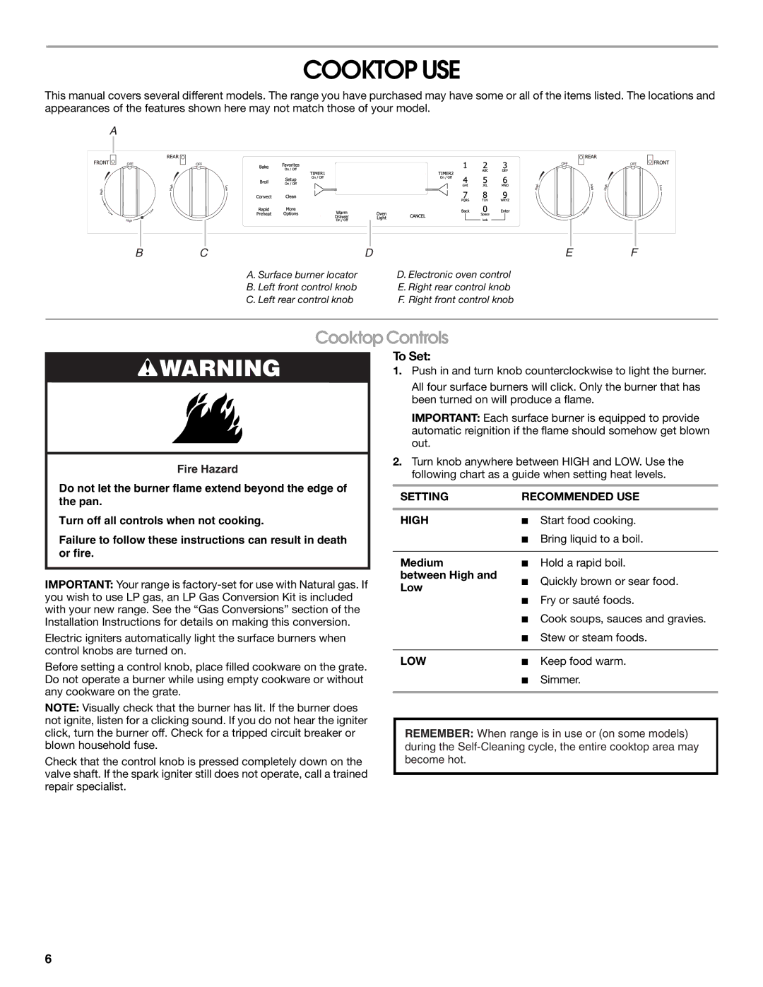 Jenn-Air JDS8860 manual Cooktop USE, Cooktop Controls, To Set, Setting Recommended USE High, Low 