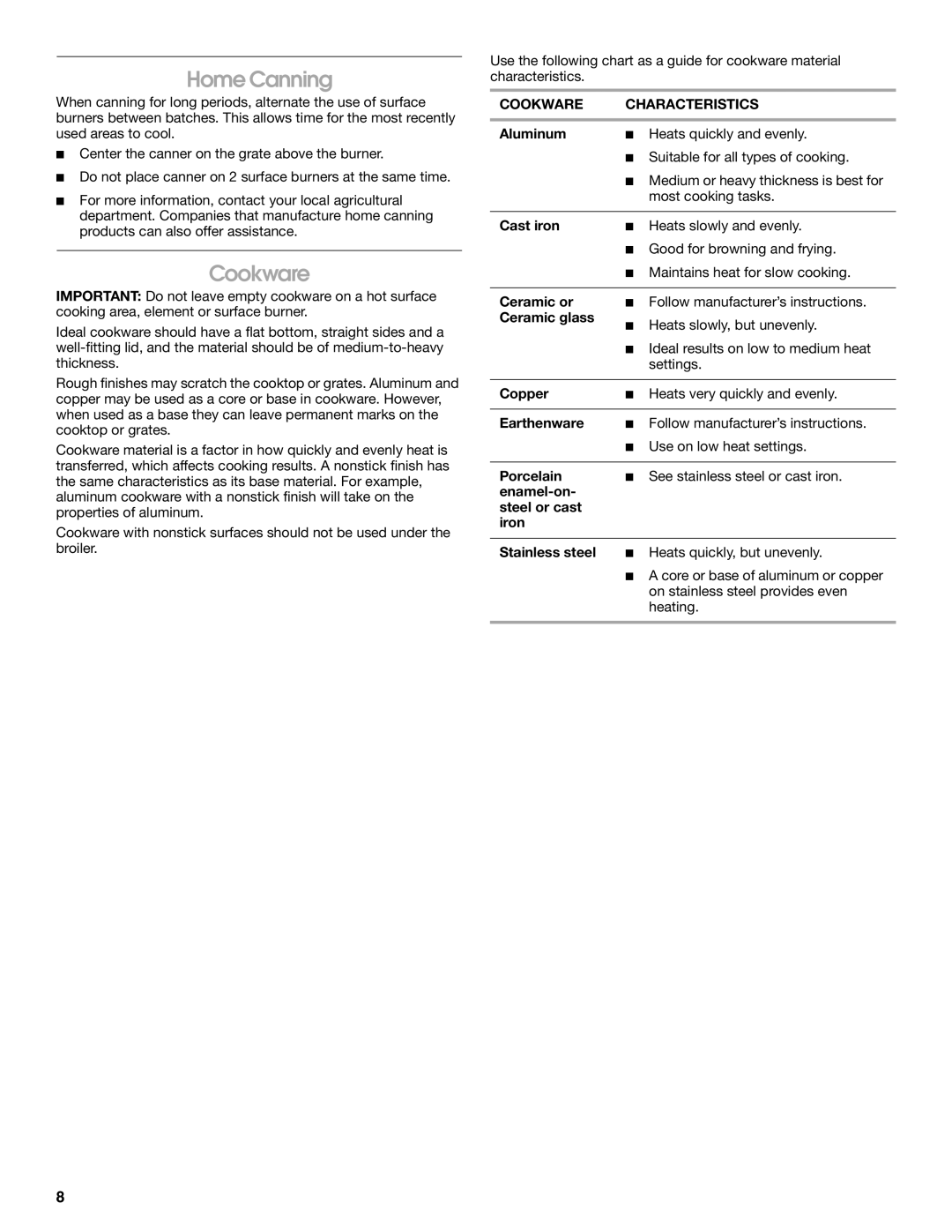 Jenn-Air JDS8860 manual Home Canning, Cookware Characteristics 