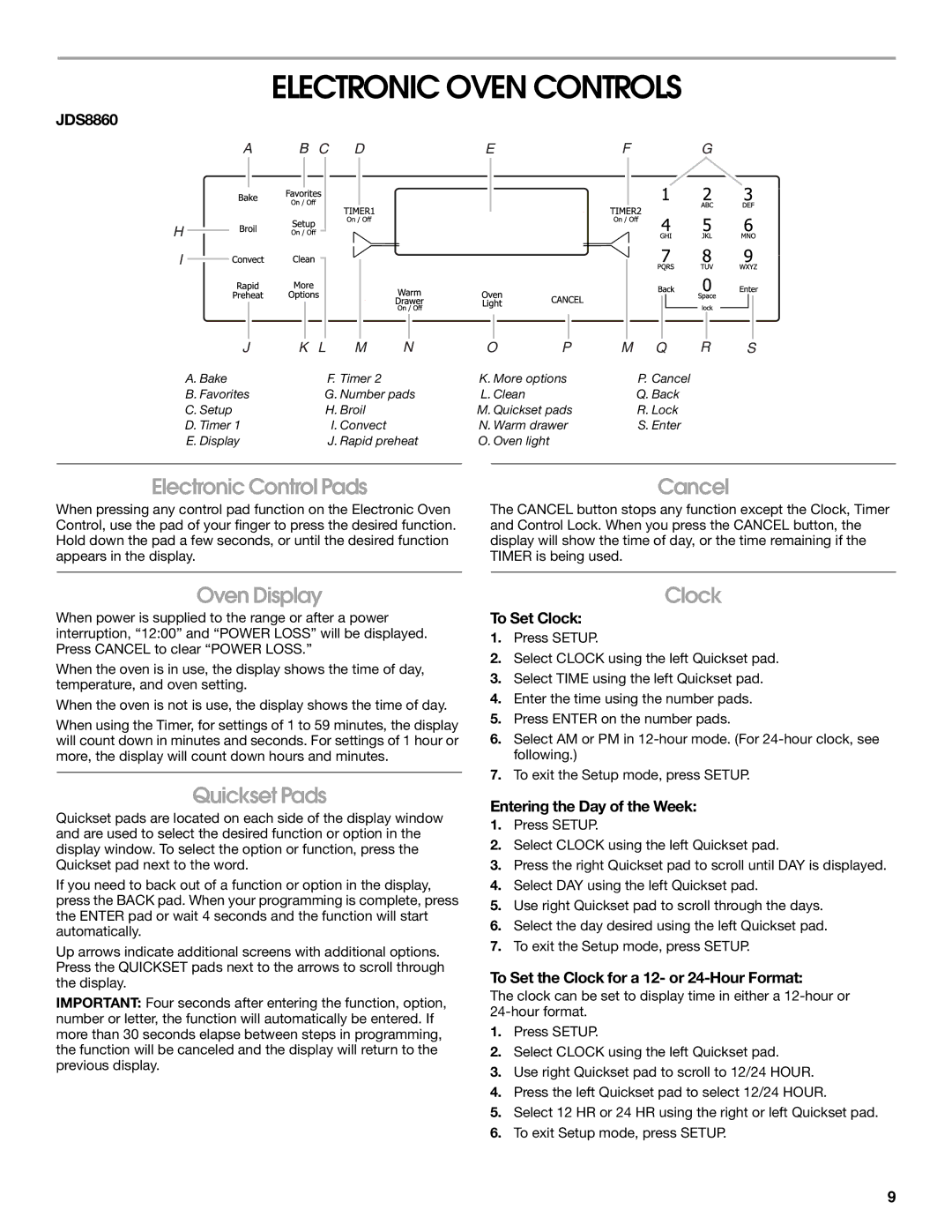 Jenn-Air JDS8860 manual Electronic Oven Controls, Oven Display, Quickset Pads, Clock 