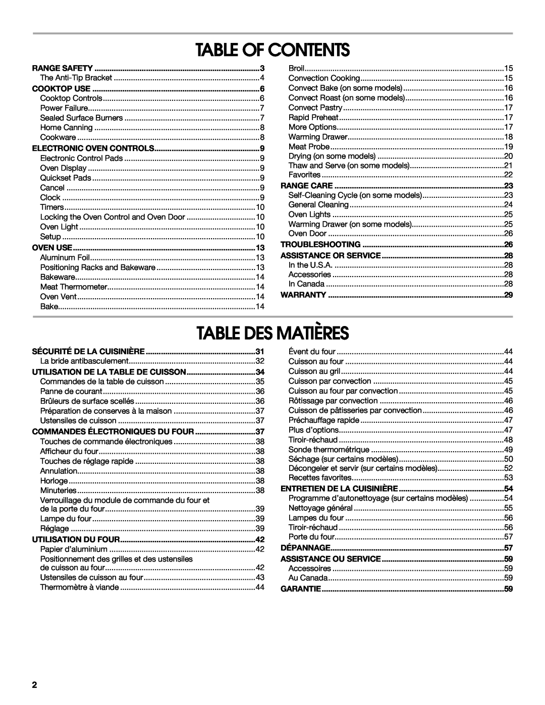 Jenn-Air JDS8860 manual Table Of Contents, Table Des Matières 