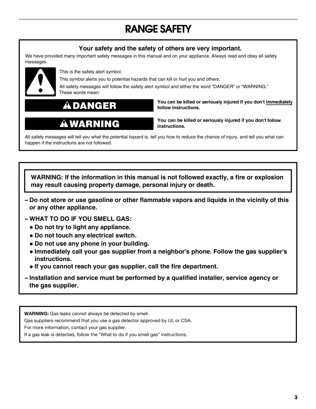 Jenn-Air JDS8860 manual Range Safety, Danger 
