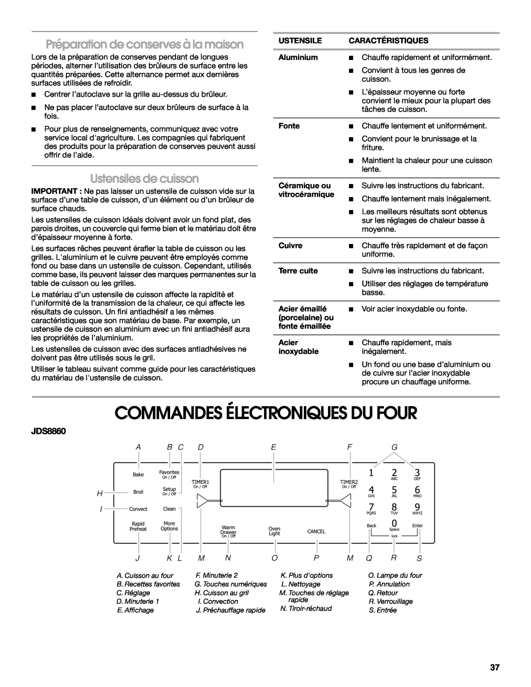 Jenn-Air JDS8860 manual Commandes Électroniques Du Four, Préparation de conserves à la maison, Ustensiles de cuisson, K L M 