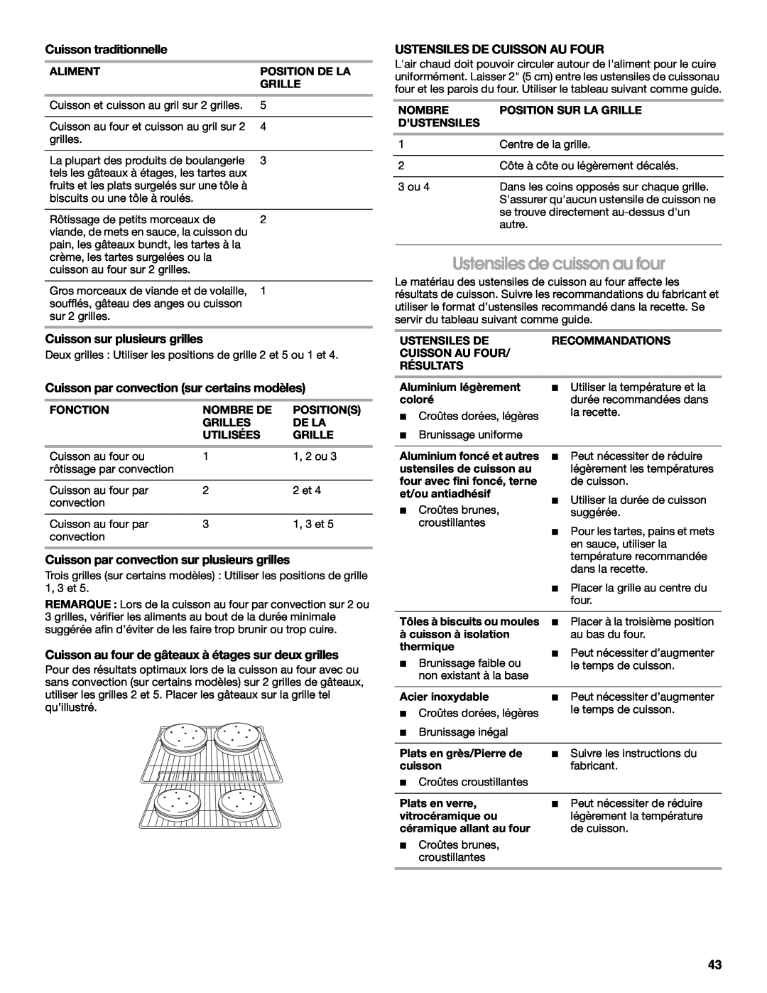 Jenn-Air JDS8860 manual Ustensiles de cuisson au four, Cuisson traditionnelle, Cuisson sur plusieurs grilles 