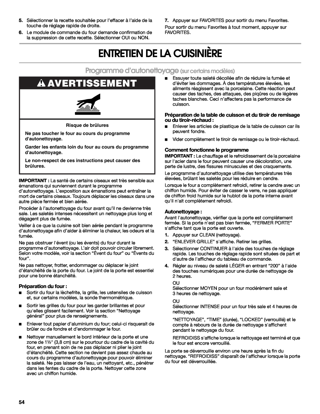 Jenn-Air JDS8860 Entretien De La Cuisinière, Programme d’autonettoyage sur certains modèles, Avertissement, Autonettoyage 