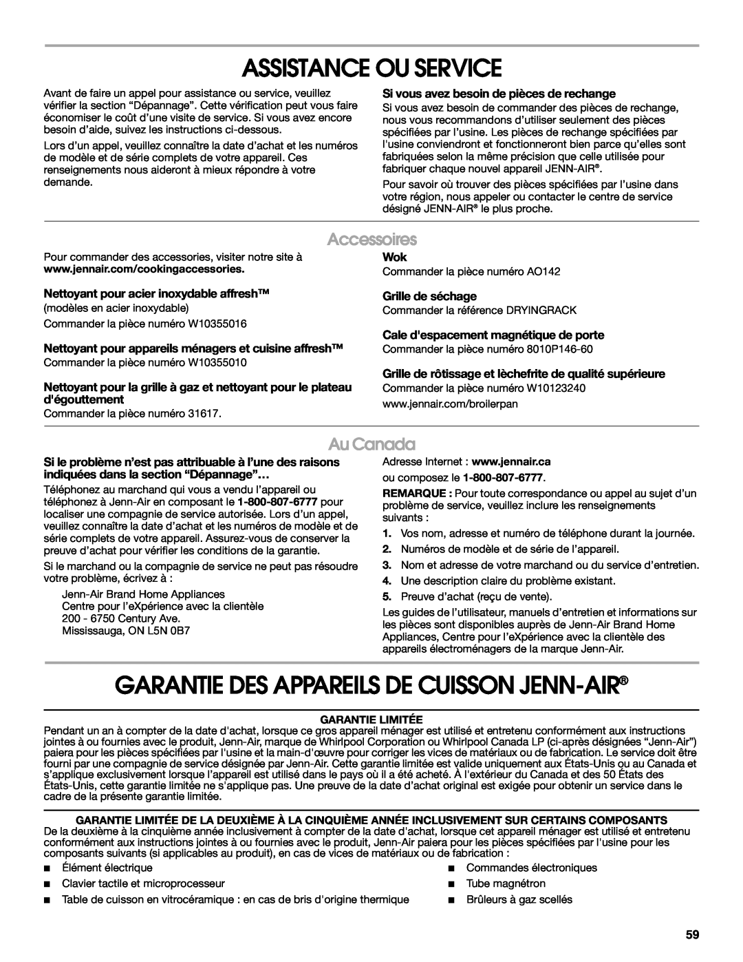 Jenn-Air JDS8860 manual Assistance Ou Service, Garantie Des Appareils De Cuisson Jenn-Air, Accessoires, Au Canada 