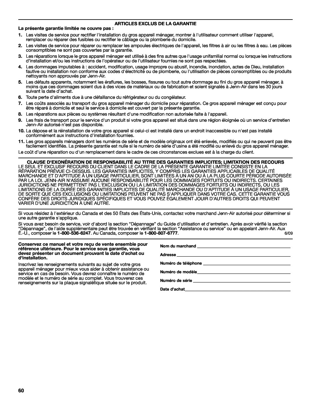 Jenn-Air JDS8860 manual Articles Exclus De La Garantie, La présente garantie limitée ne couvre pas 
