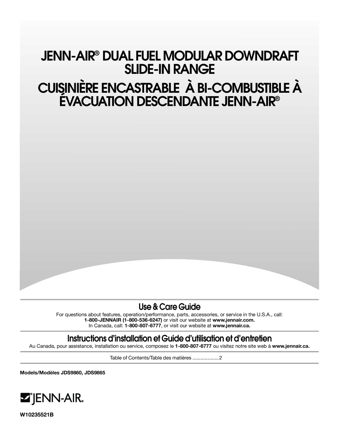 Jenn-Air manual W10235521B, Models/Modèles JDS9860, JDS9865 