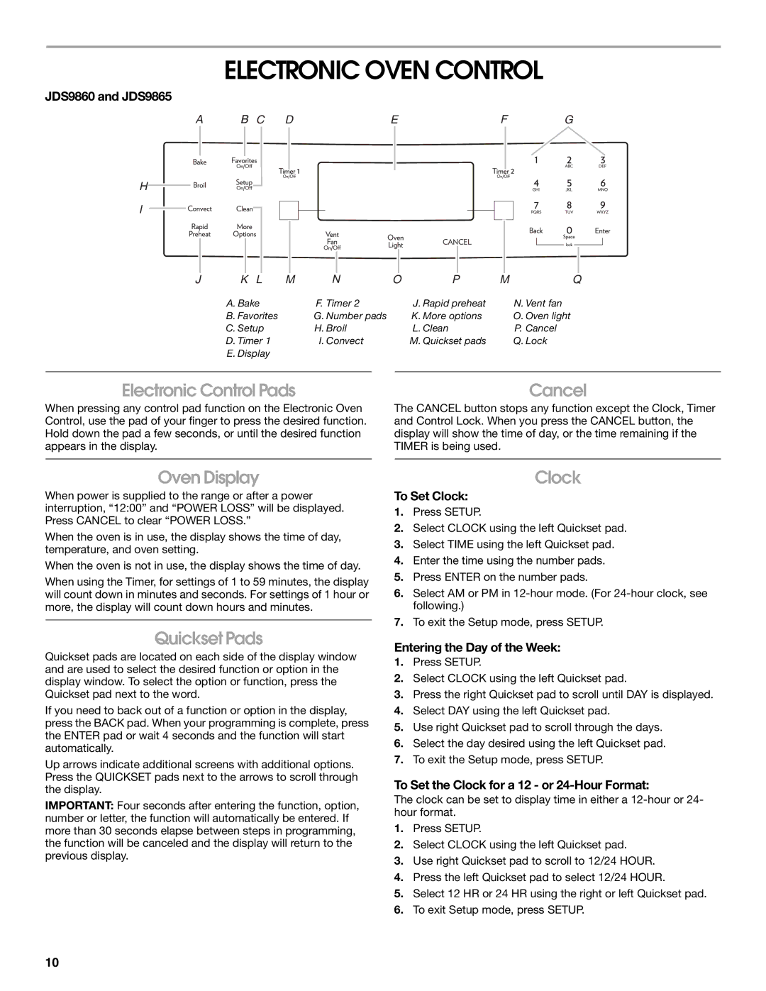 Jenn-Air JDS9865 manual Electronic Oven Control, Oven Display, Quickset Pads, Clock 