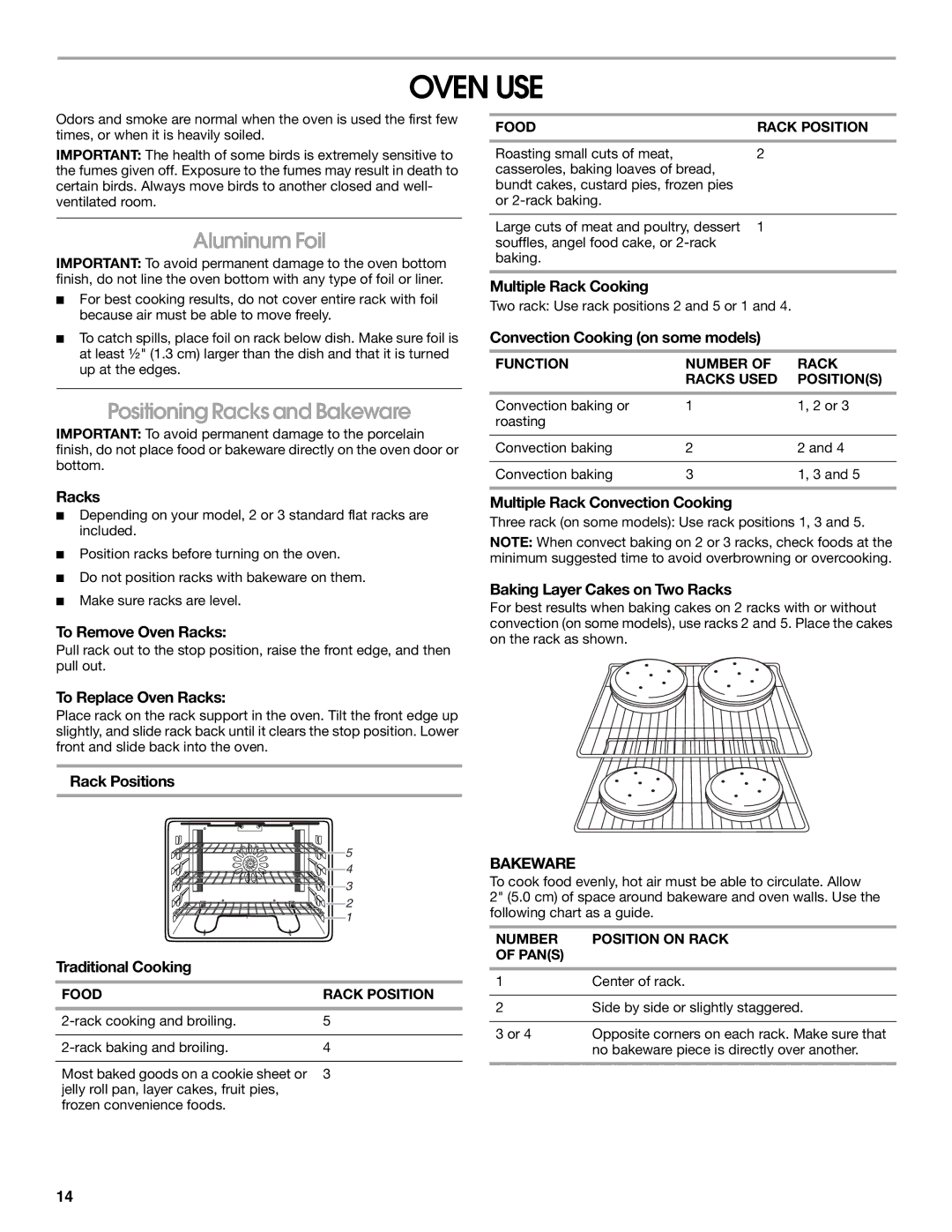 Jenn-Air JDS9865 manual Oven USE, Aluminum Foil, Positioning Racks and Bakeware 