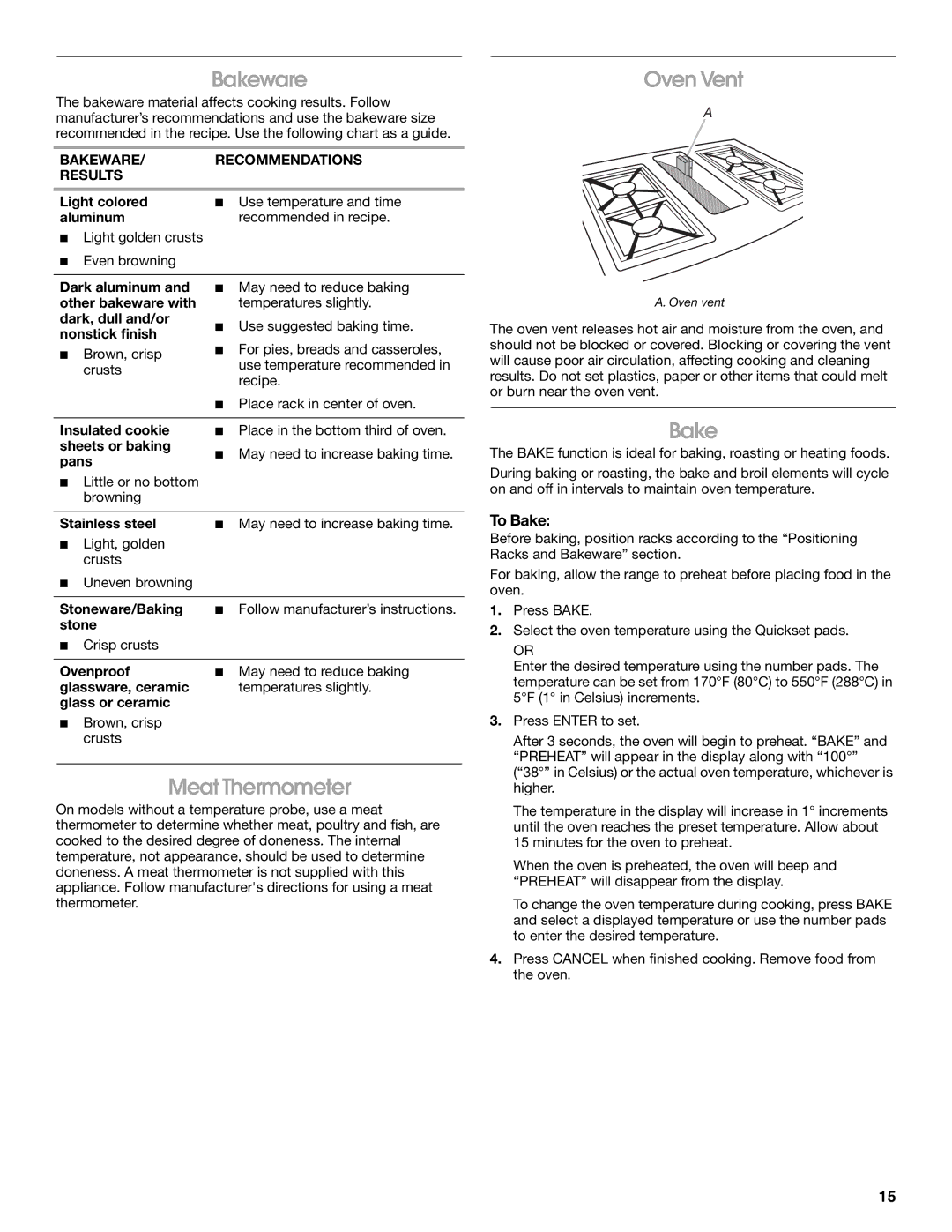 Jenn-Air JDS9865 manual Bakeware, Meat Thermometer, Oven Vent, To Bake 